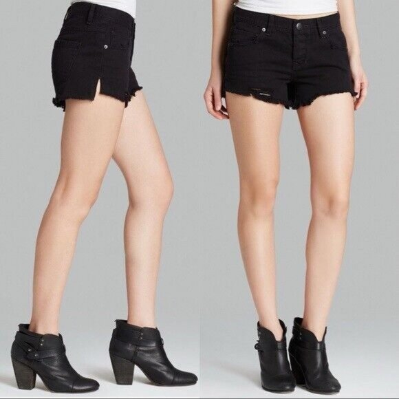 Free People Denim Shorts Sharkbite Black Button Fly Fray Hem Distress - Picture 3 of 10